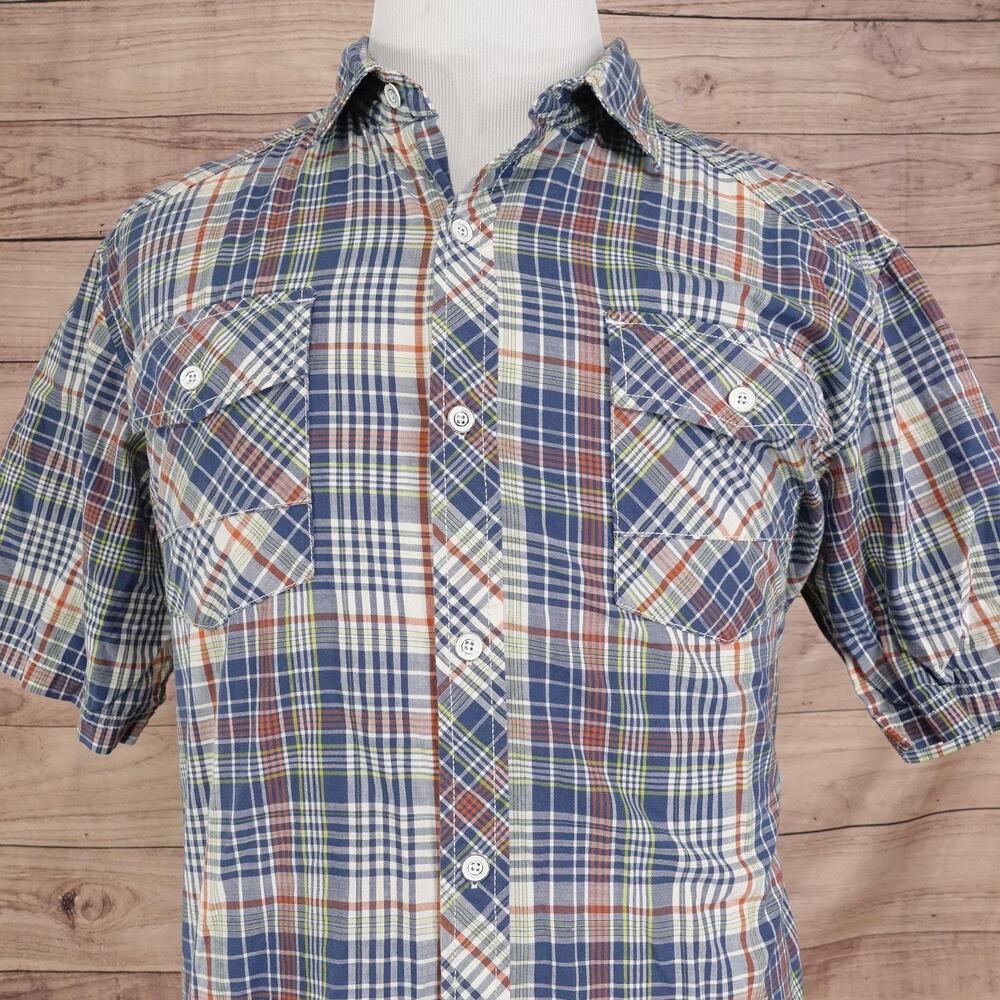 REI Shirt Mens XL Blue Plaid Short Sleeve Button Front‎ Cotton Western Pockets